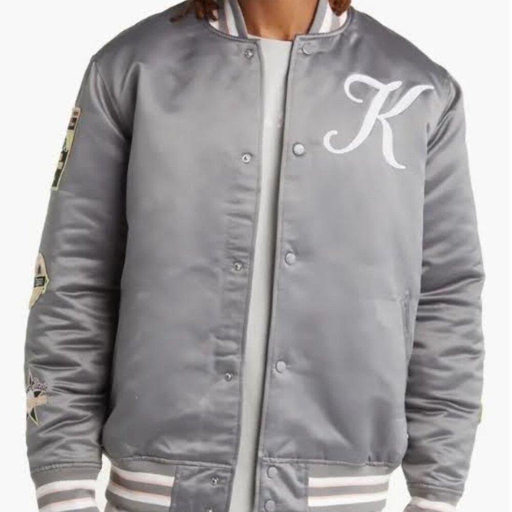 NEW Jasper Embroidered Logo Patch Bomber Jacket KAPPA GREY QUILL